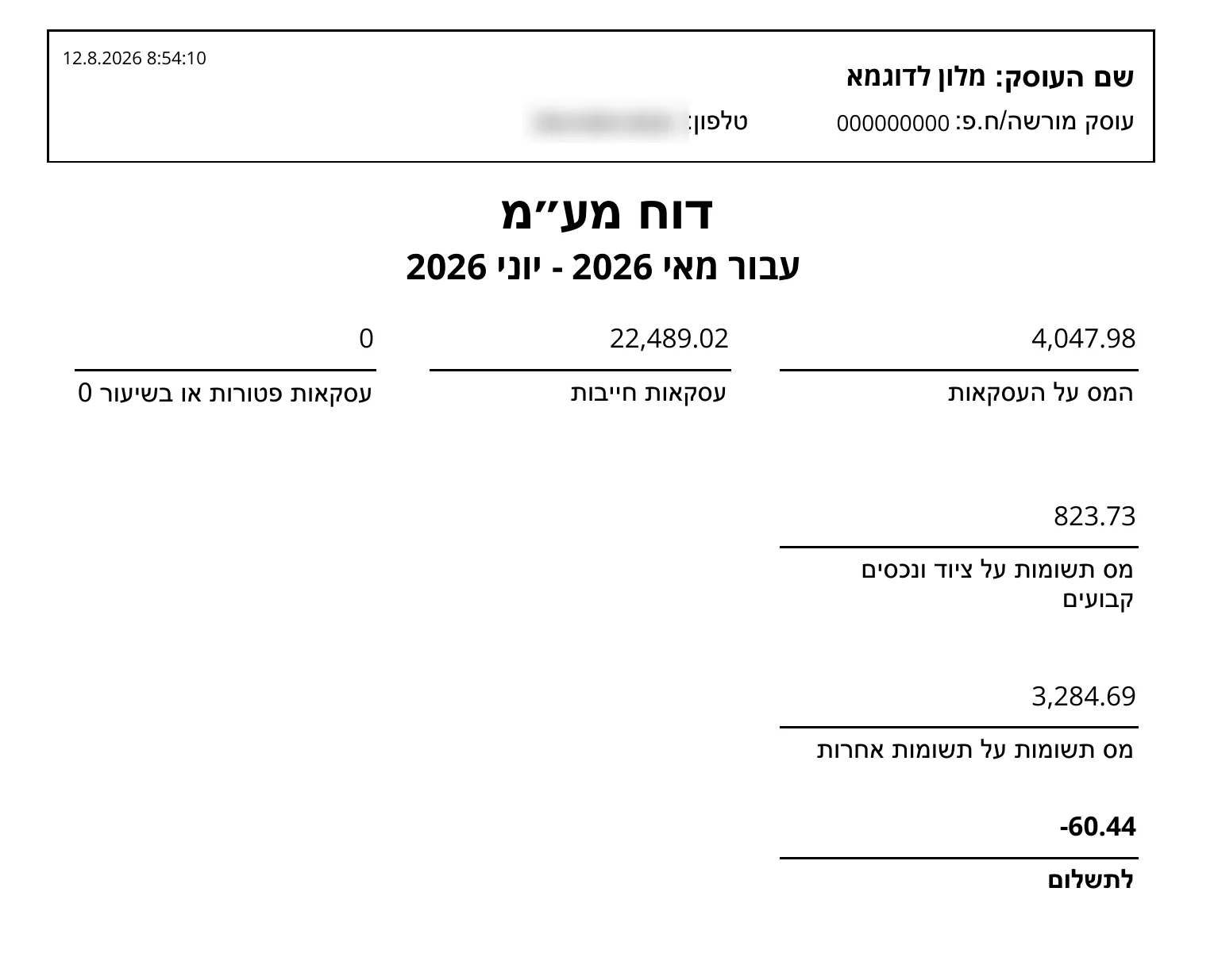 דוח המע״מ — מס עסקאות, מס תשומות (ציוד ואחרות) והשורה התחתונה לתשלום/להחזר